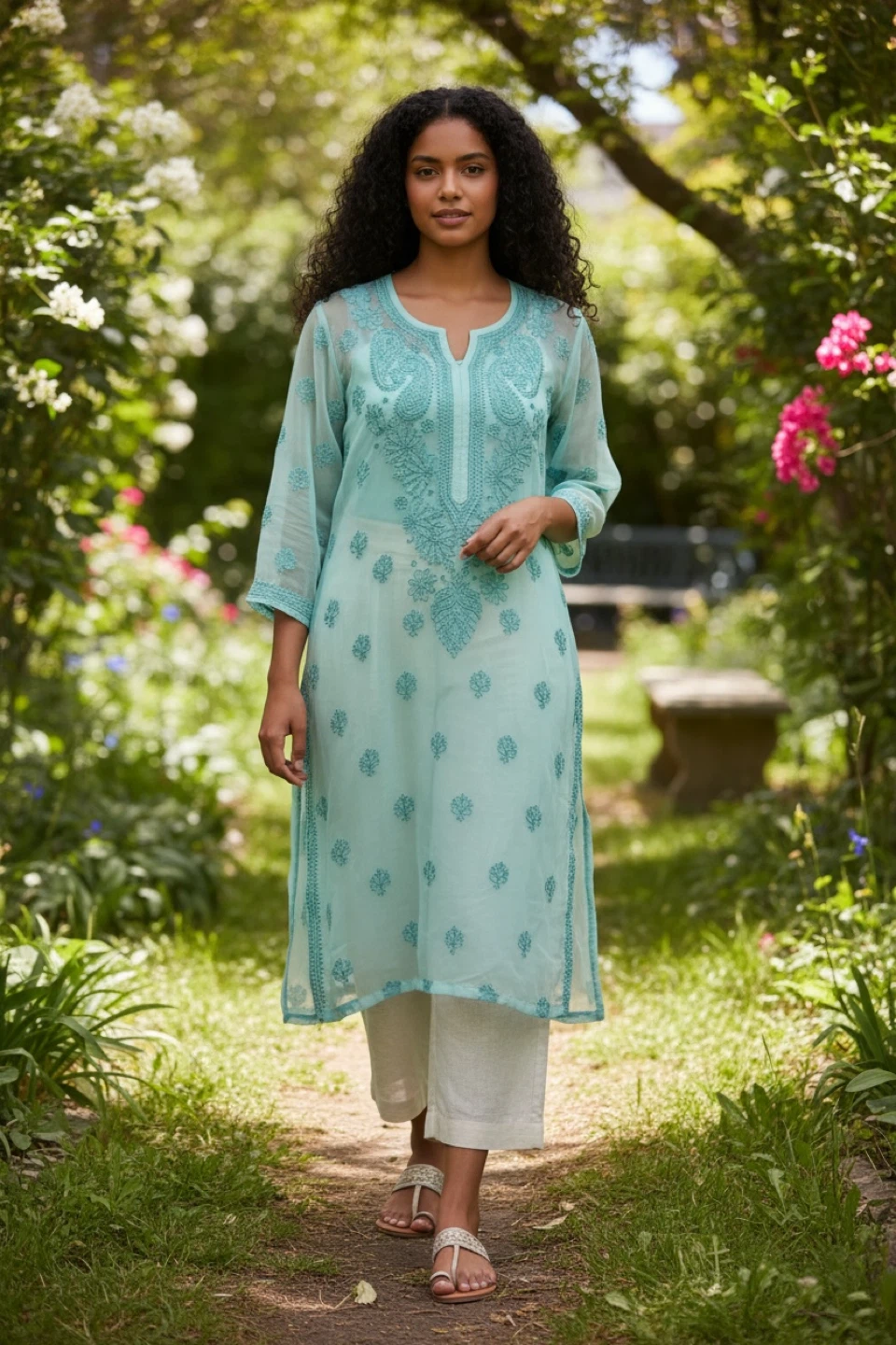 Turquoise Embroidered Chikan Kurti(New)