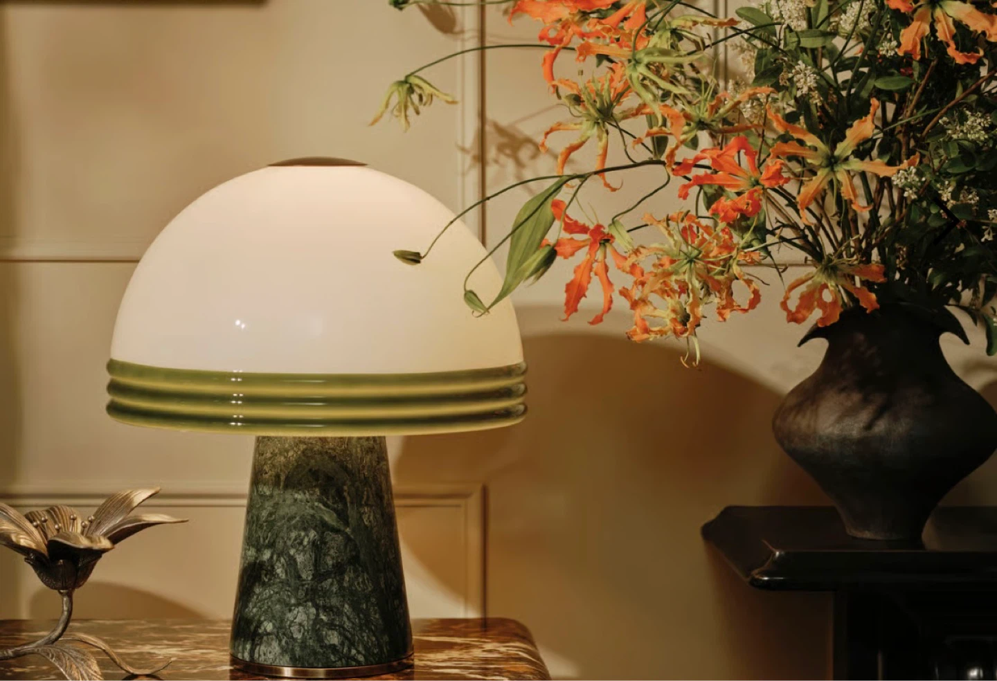 Soho Home Cassie Table Lamp - Green Marble & White Dome Shade