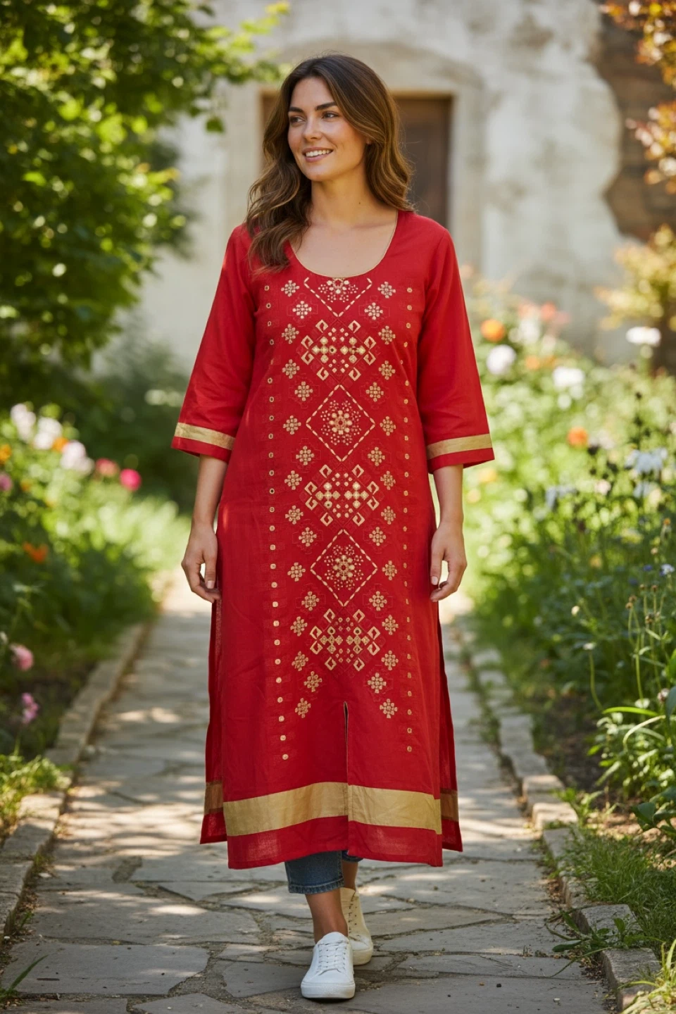Red Kurti with Gold Embroidery( New)