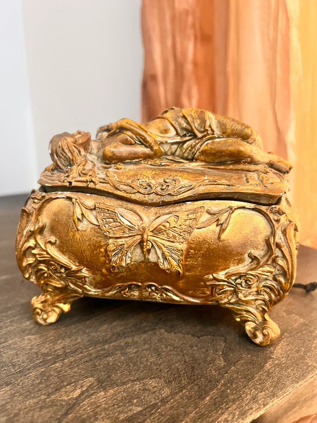 Vintage Ornate Butterfly Jewelry Box with Sleeping Figure