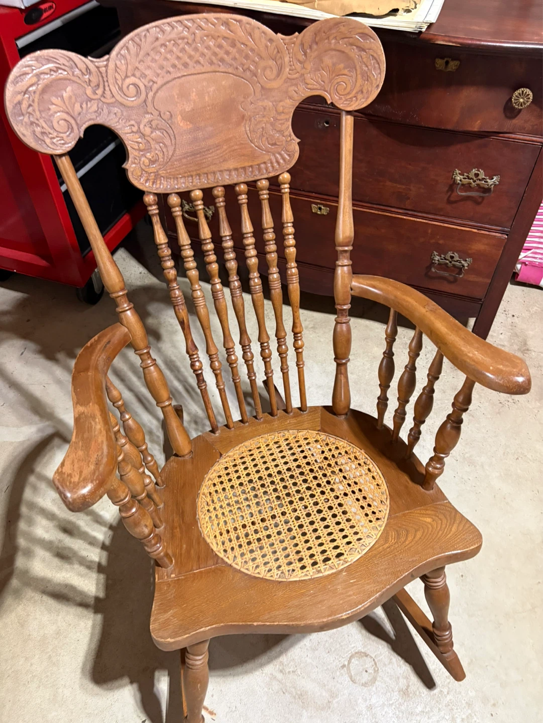 Vintage Wood Rocking Chair with Cane Seat