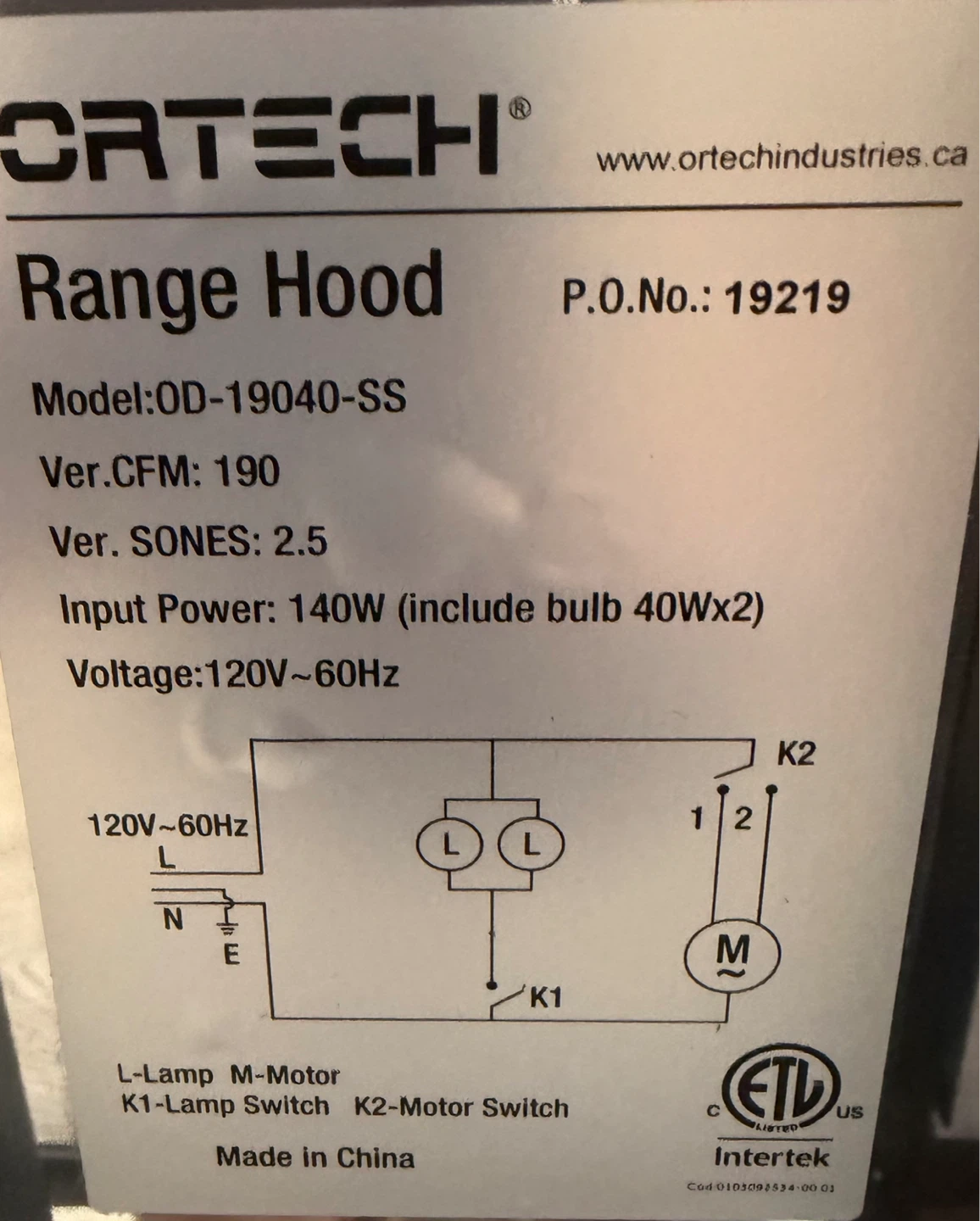 Ortech OD-19040-SS Range Hood - photo 2