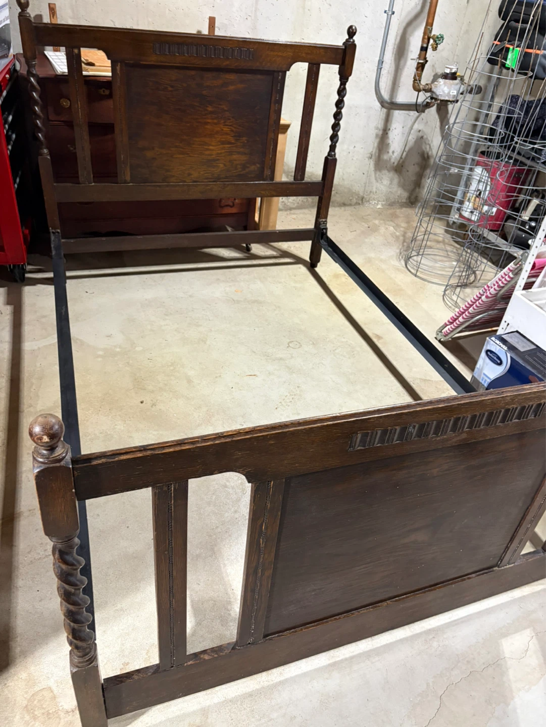 Antique Dark Wood Bed Frame with Barley Twist Posts