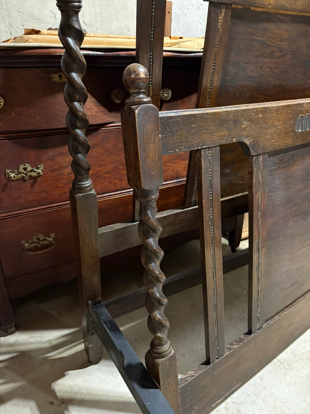 Antique Dark Wood Bed Frame with Barley Twist Posts - photo 3