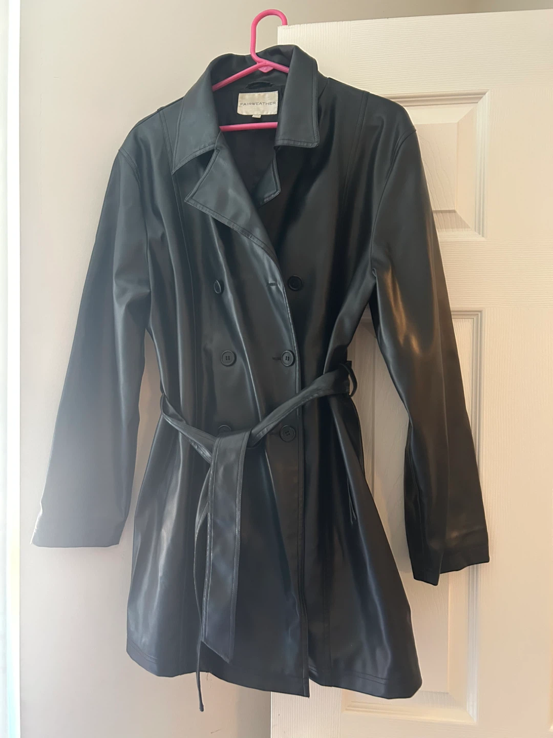 Fairweather Black Faux Leather Trench Coat Size L