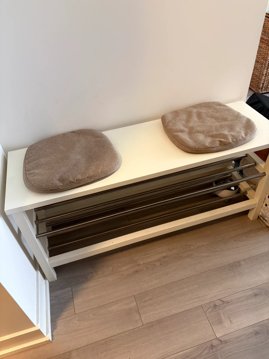 White Entryway Bench with 2 Cushions and Shoe Rack