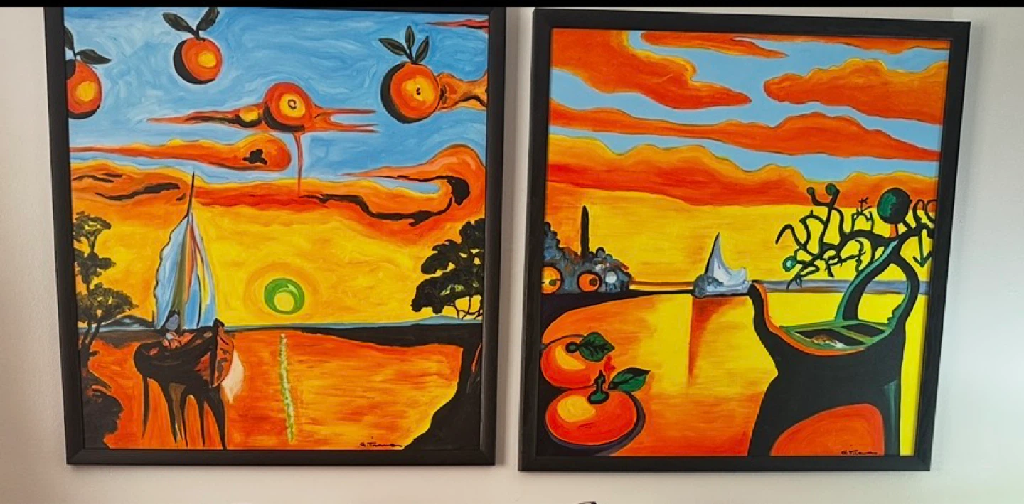 Set of 2 Abstract Surrealist Paintings - Sunset/Orange Theme