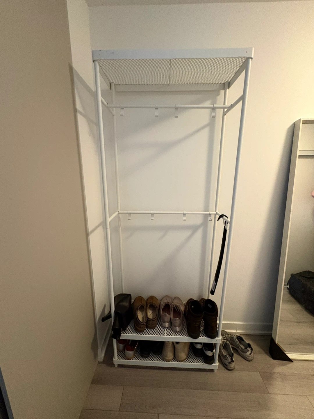 White Metal Garment Rack with Shoe Shelves