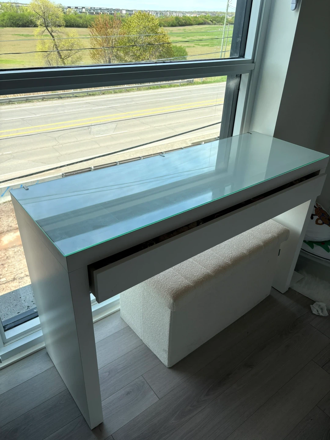 White Console Table with Glass Top and Storage Bench