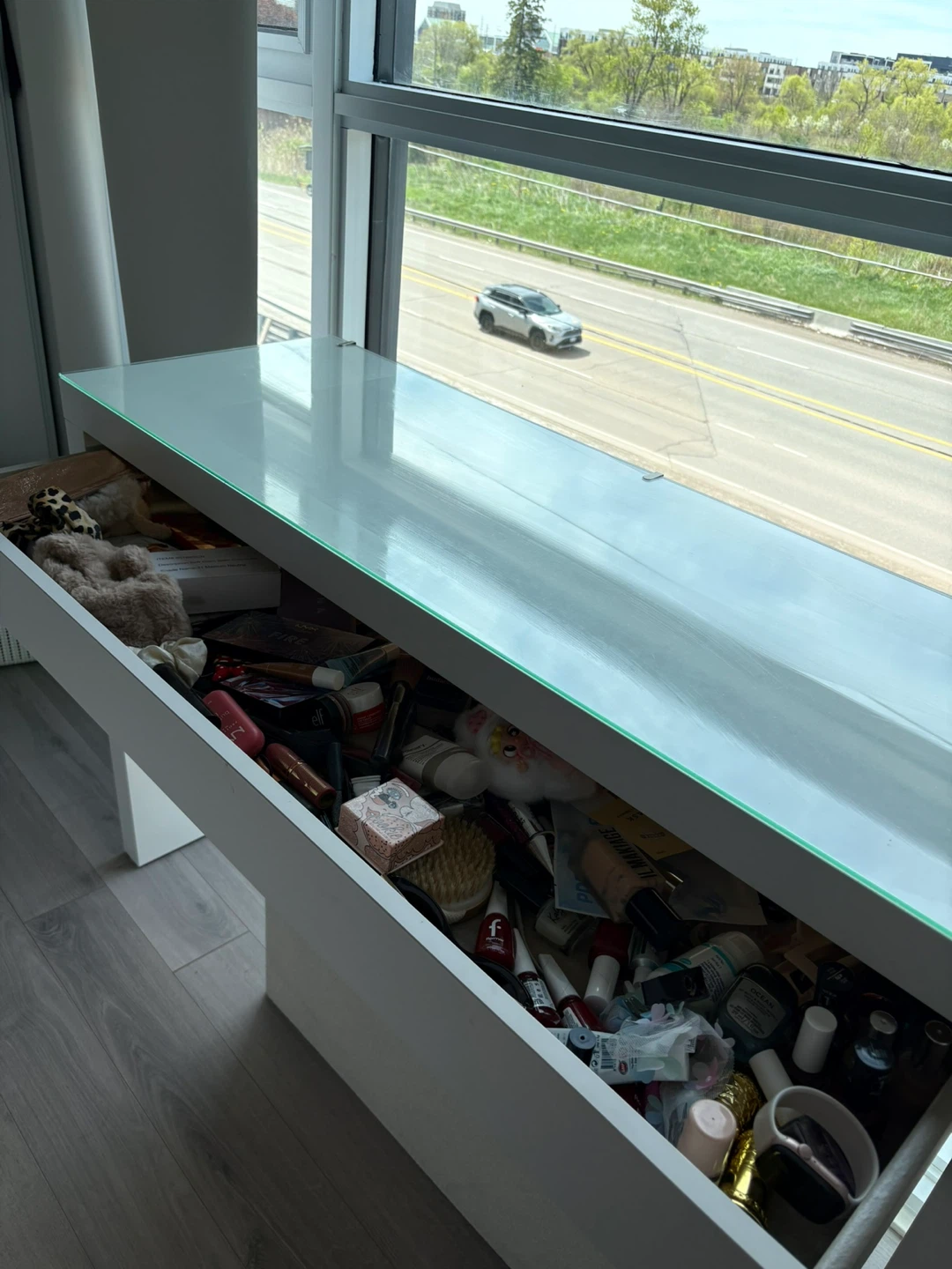 White Console Table with Glass Top and Storage Bench - photo 3