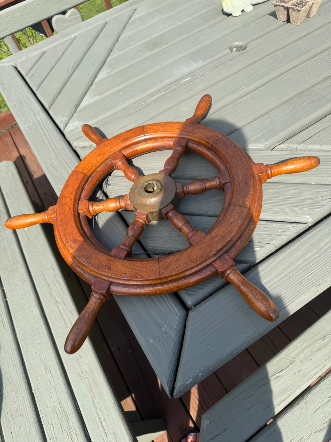 Wooden Ship's Wheel with Brass Center - photo 2