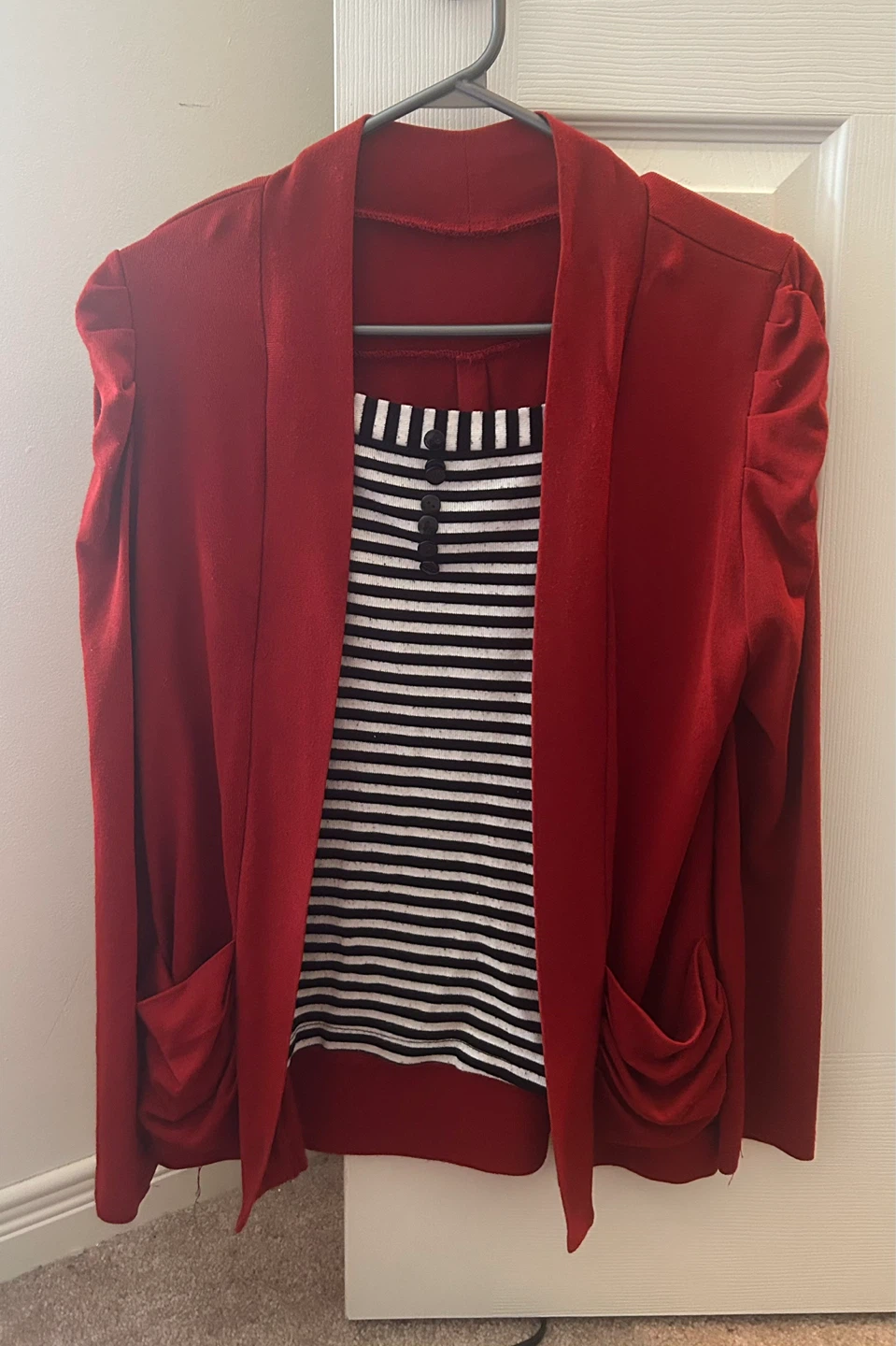 Red Cardigan with Striped Top