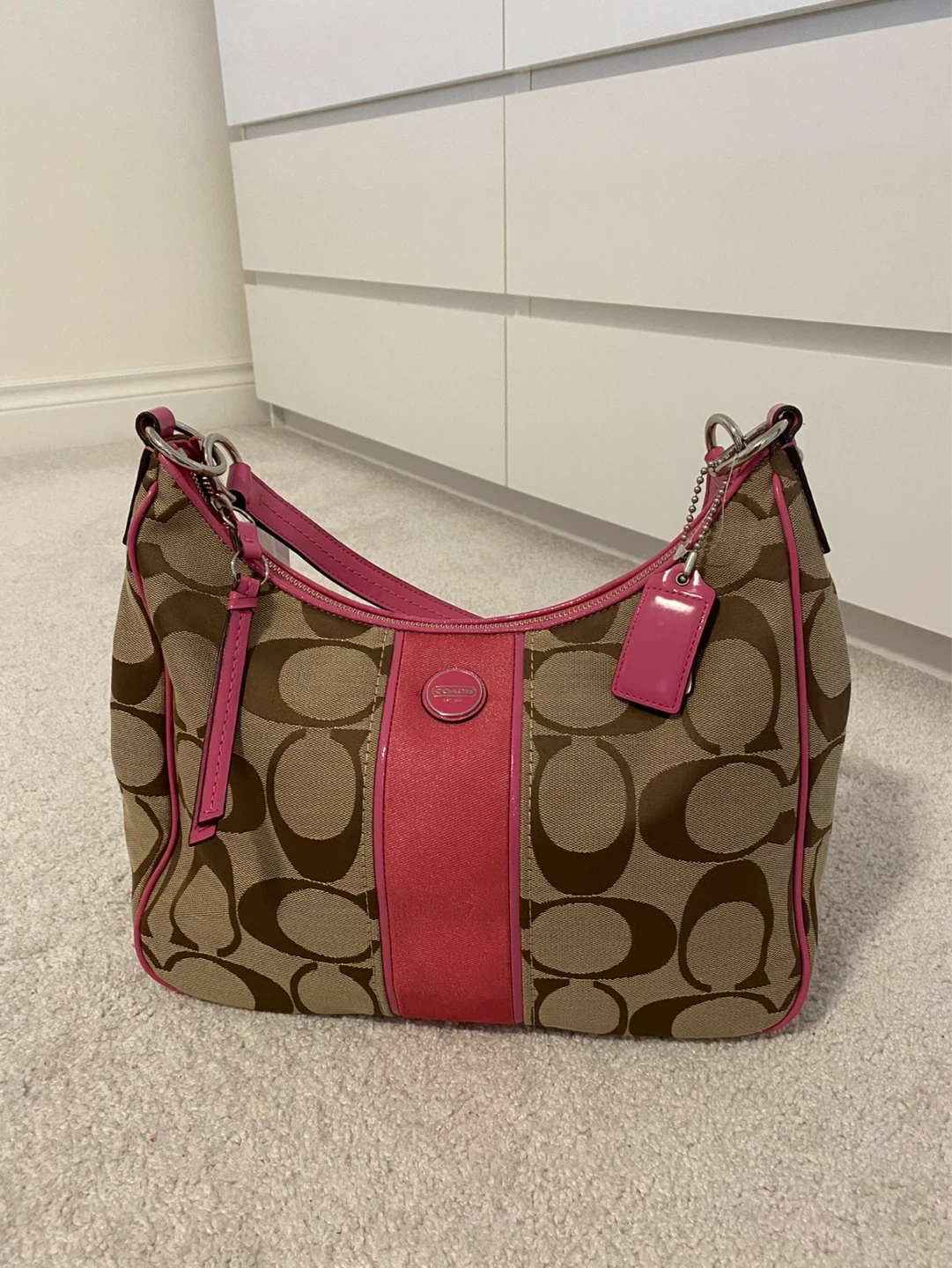 Coach Signature Monogram Hobo Bag with Pink Trim