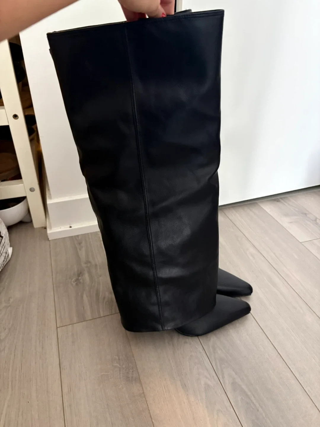 Black Faux Leather Pointed Toe Knee-High Boots