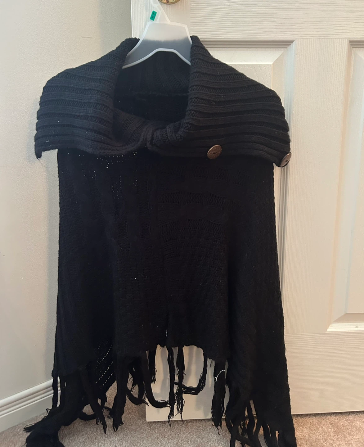 Black Knit Poncho with Fringe