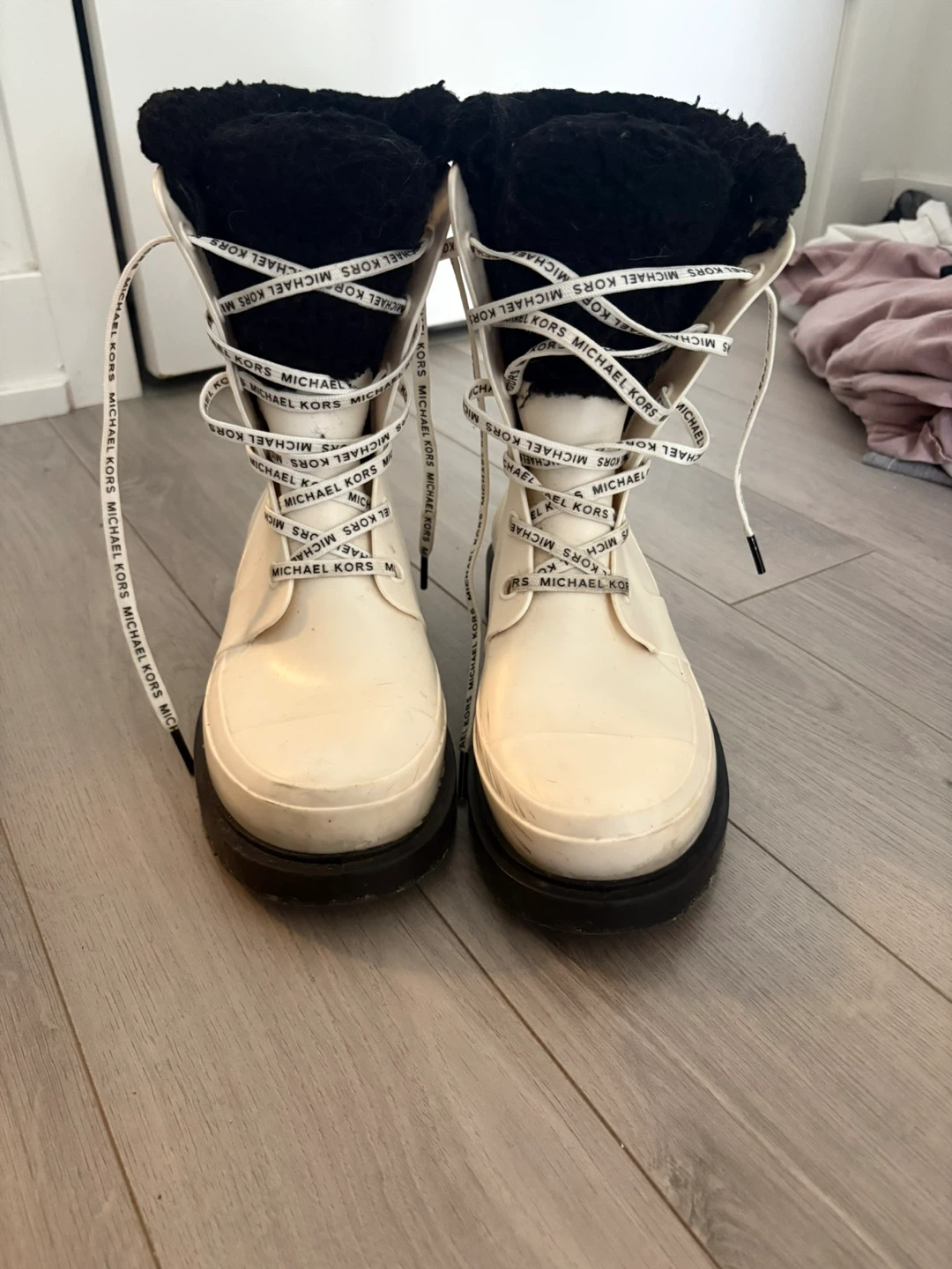 Michael Kors White Rubber Rain Boots with Black Faux Fur Lining