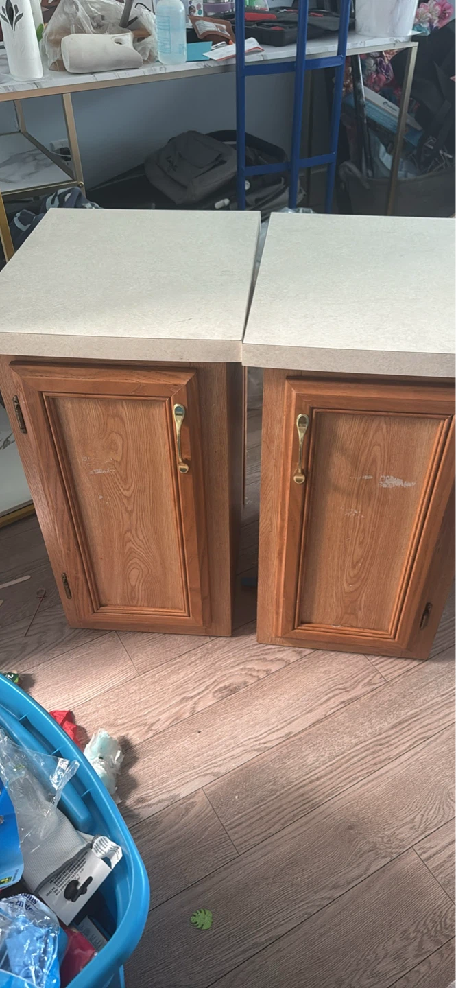 Two Oak Kitchen Cabinets with Countertops