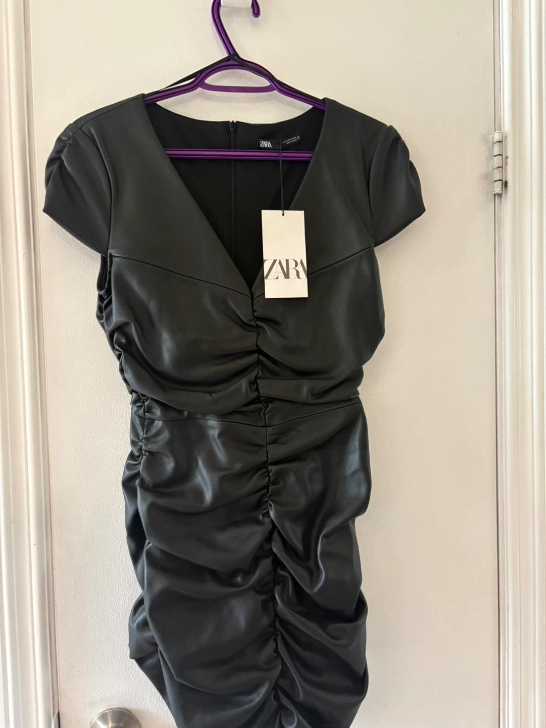 Zara Black Faux Leather Ruched Dress - Size S