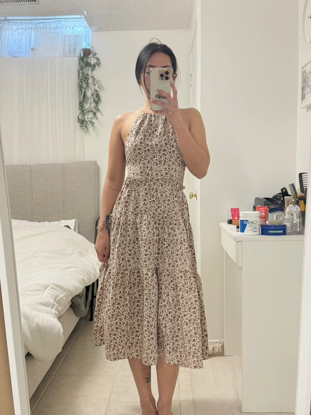 Floral Halter Neck Tiered Midi Dress