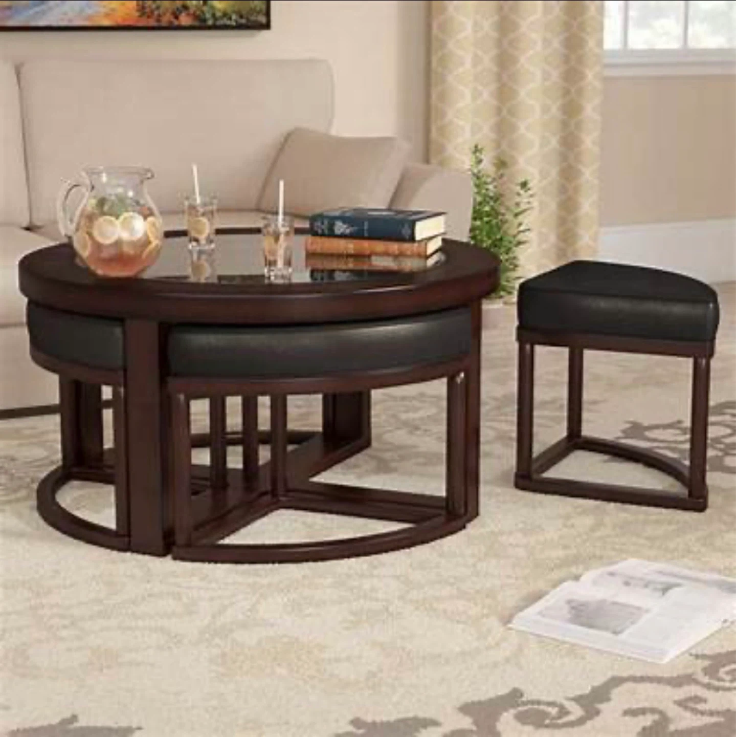 Round Coffee Table with 4 Ottomans & 2 Side Tables