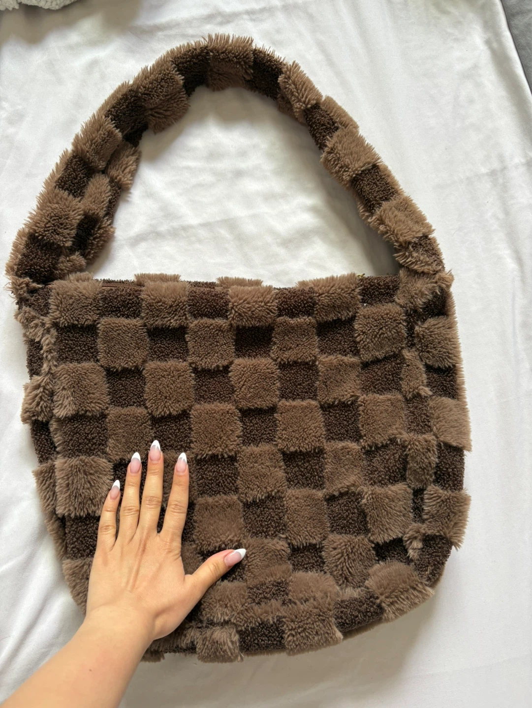 Brown Checkerboard Faux Fur Shoulder Bag