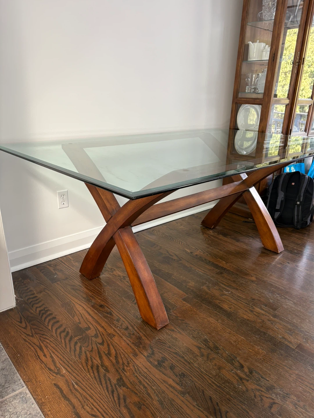 Glass Top Dining Table with Wooden X-Leg Base