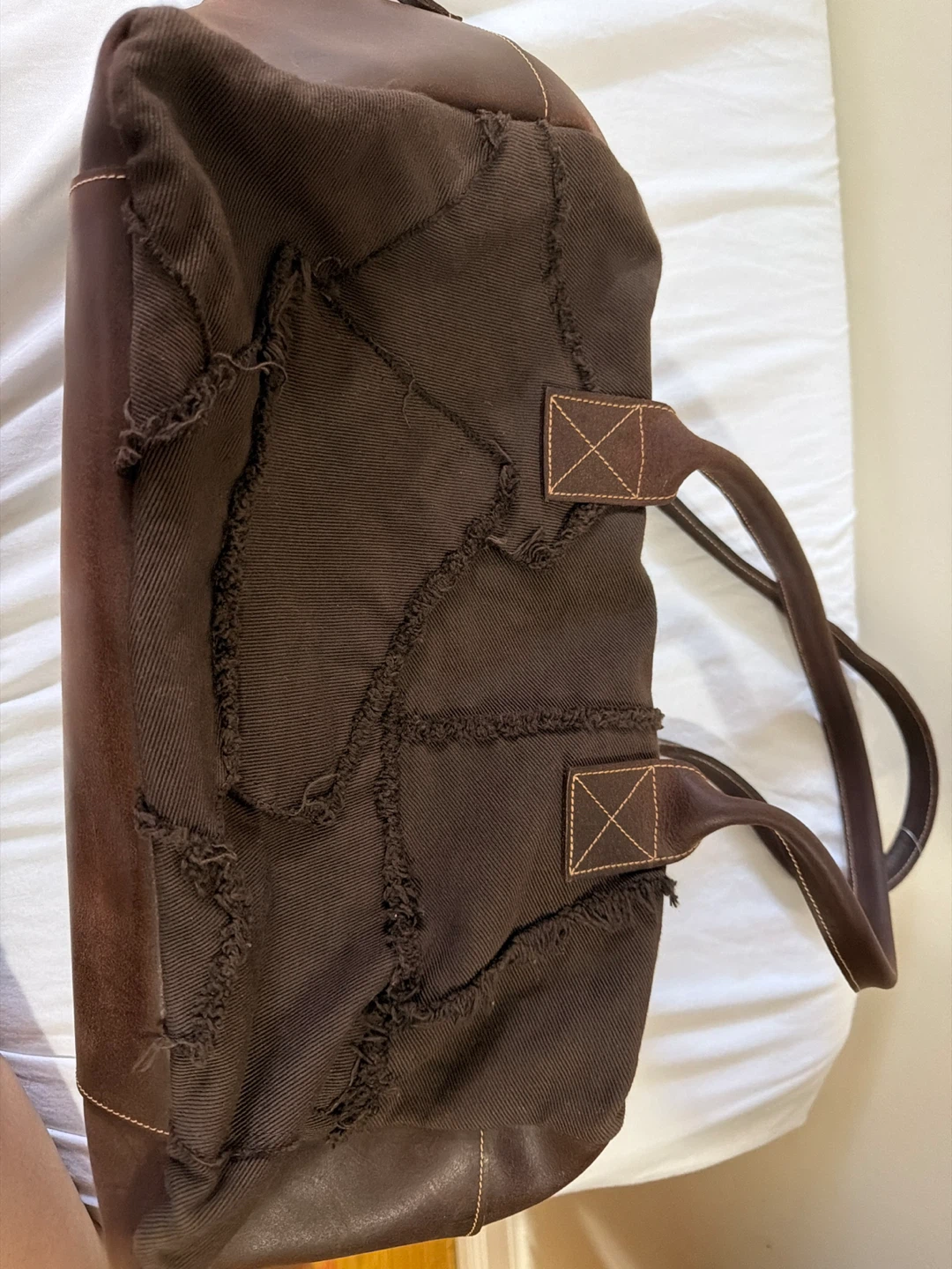 Brown Patchwork Canvas and Leather Barrel Bag - photo 5