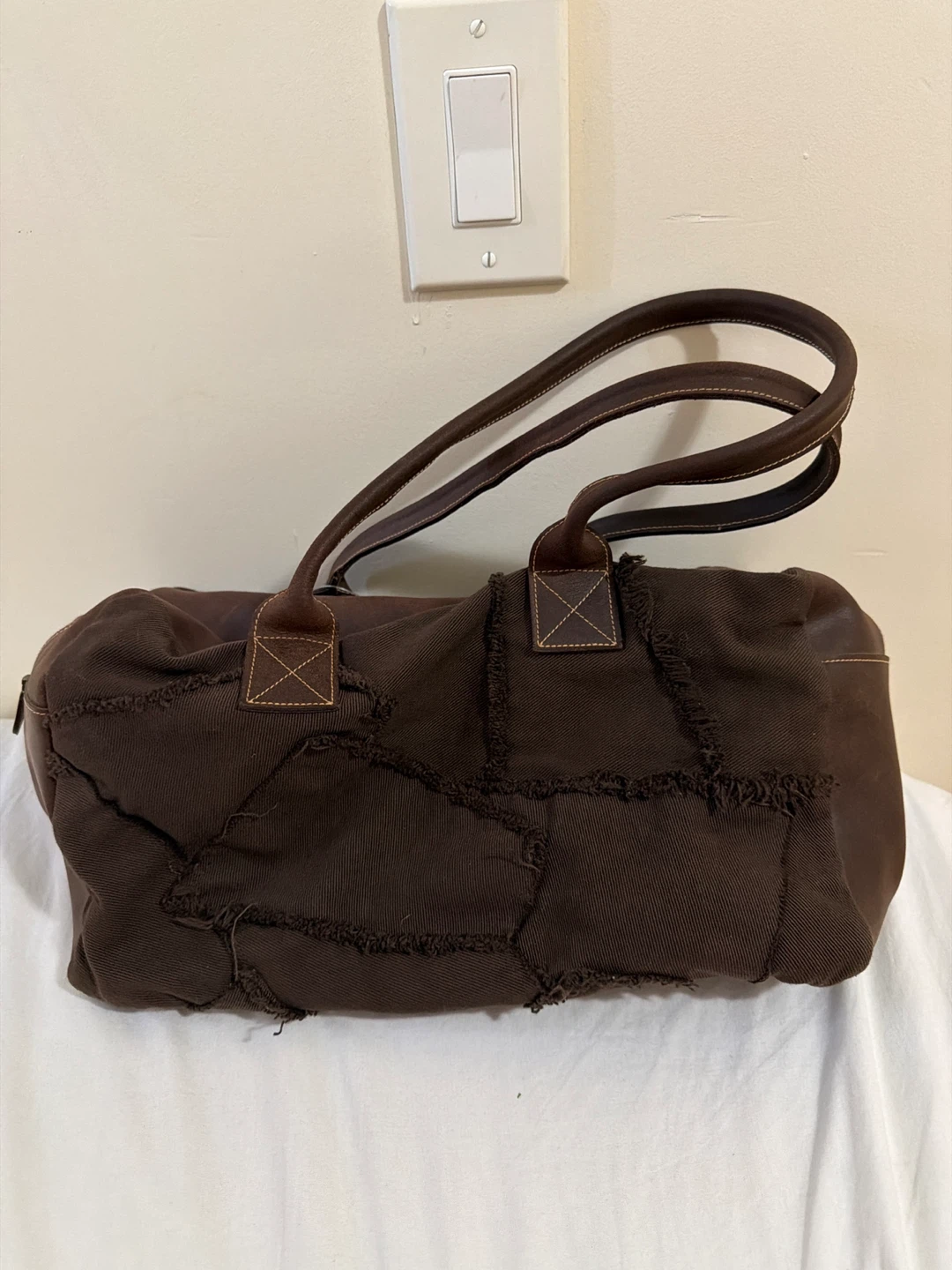 Brown Patchwork Canvas and Leather Barrel Bag - photo 2