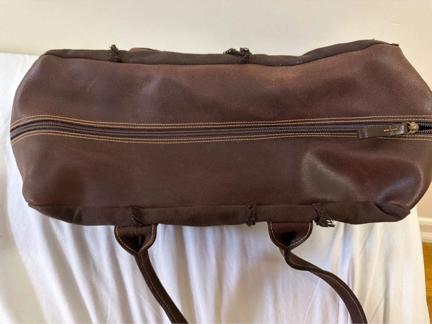 Brown Patchwork Canvas and Leather Barrel Bag - photo 3