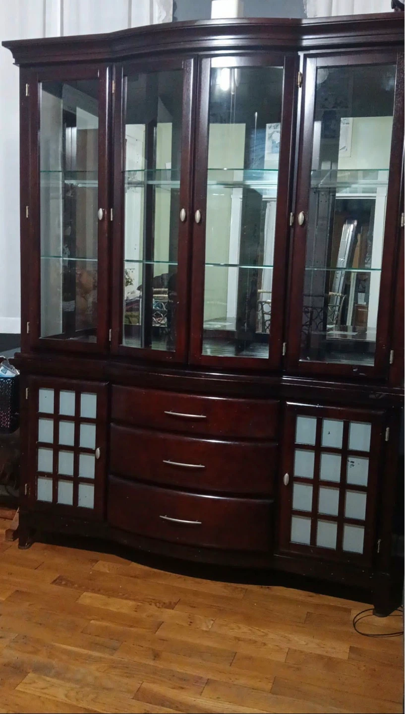 Large Cherry Wood China Cabinet with Glass Doors and Drawers