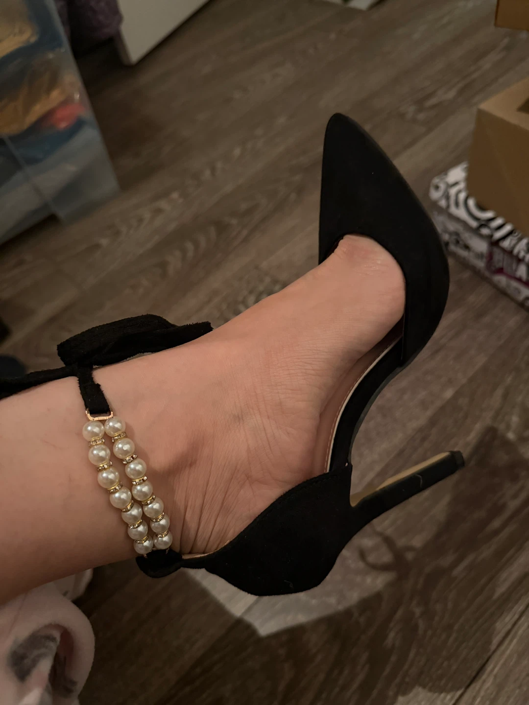 Black Suede Heels with Pearl Ankle Strap - photo 5