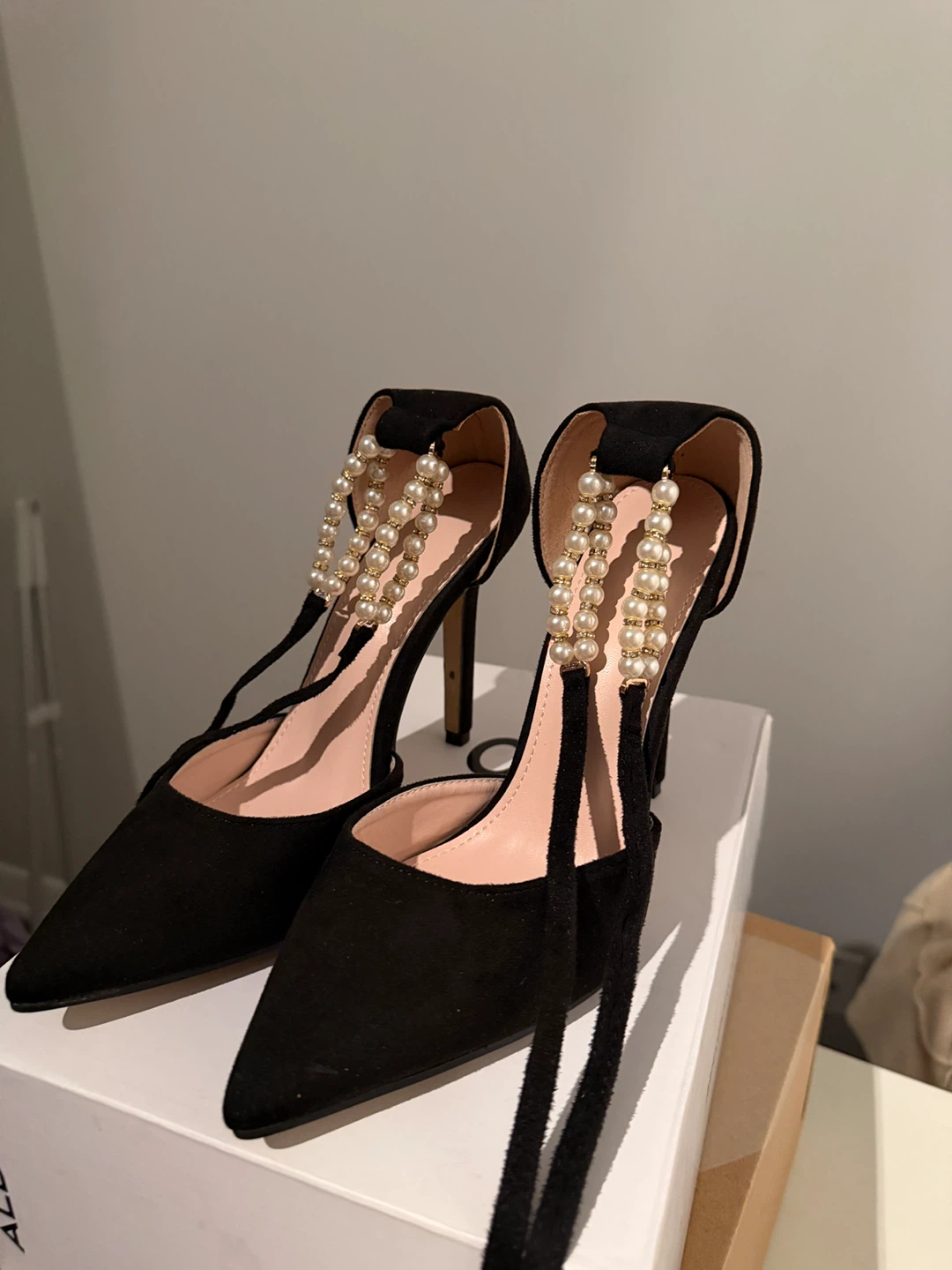 Black Suede Heels with Pearl Ankle Strap