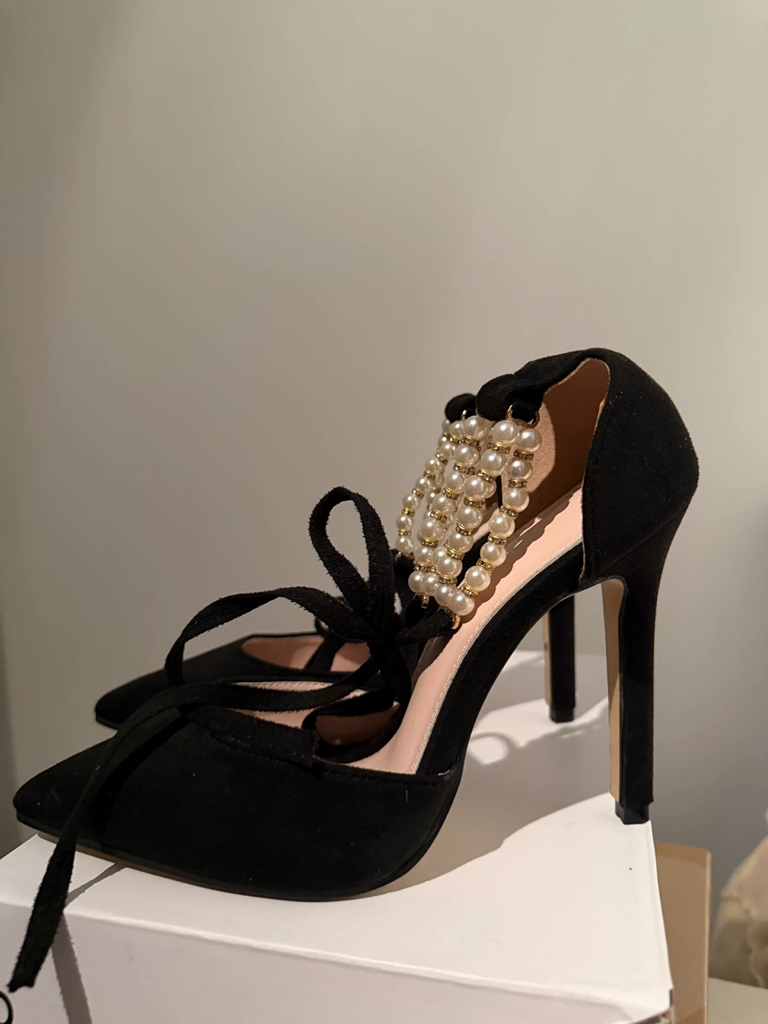 Black Suede Heels with Pearl Ankle Strap - photo 2