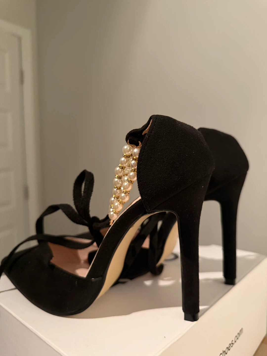 Black Suede Heels with Pearl Ankle Strap - photo 3