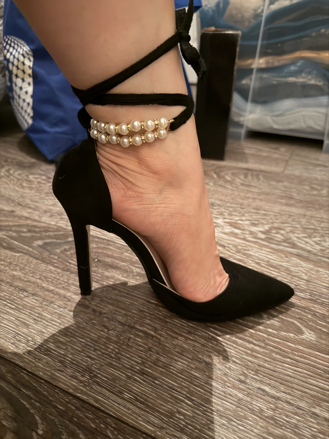 Black Suede Heels with Pearl Ankle Strap - photo 4
