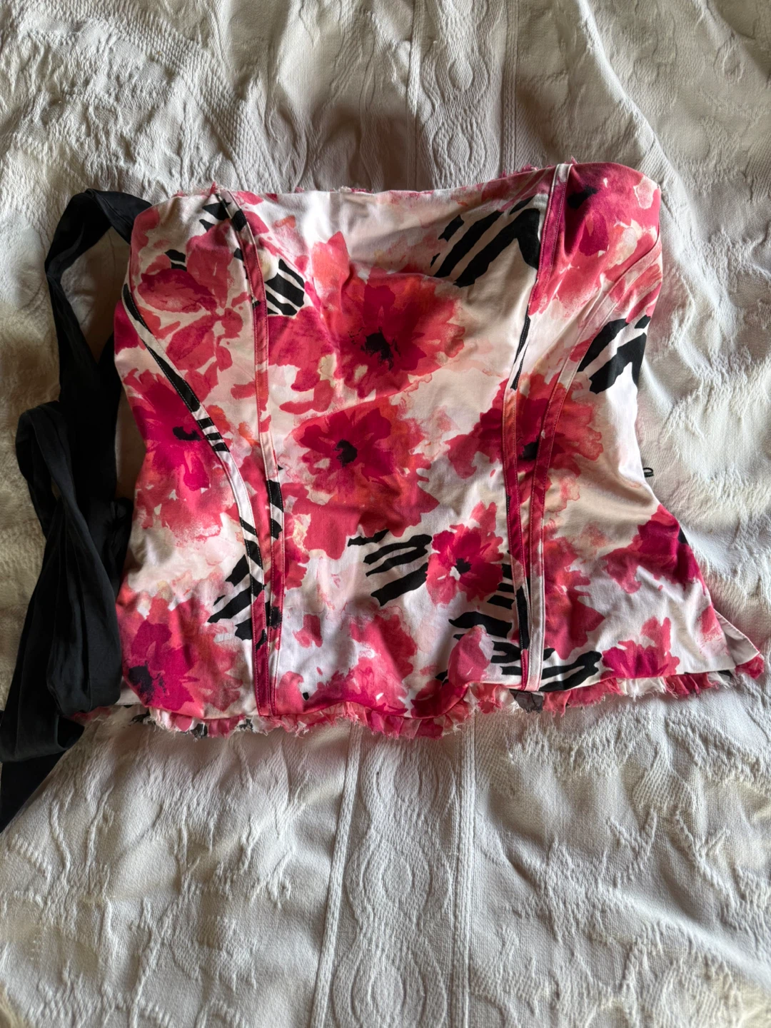 Strapless Floral Corset Top with Black Trim