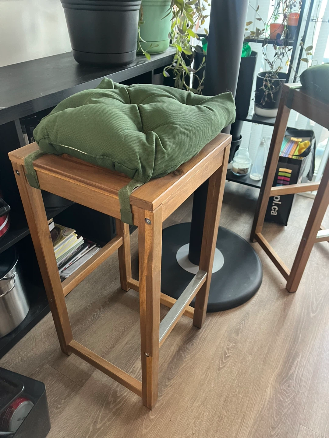 Wooden Bar Stool with chairs and green cushions - photo 3