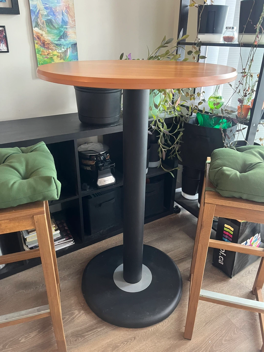 Wooden Bar Stool with chairs and green cushions - photo 2