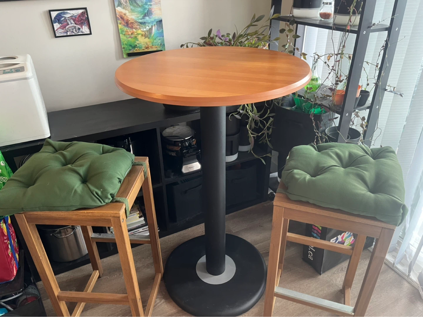 Wooden Bar Stool with chairs and green cushions