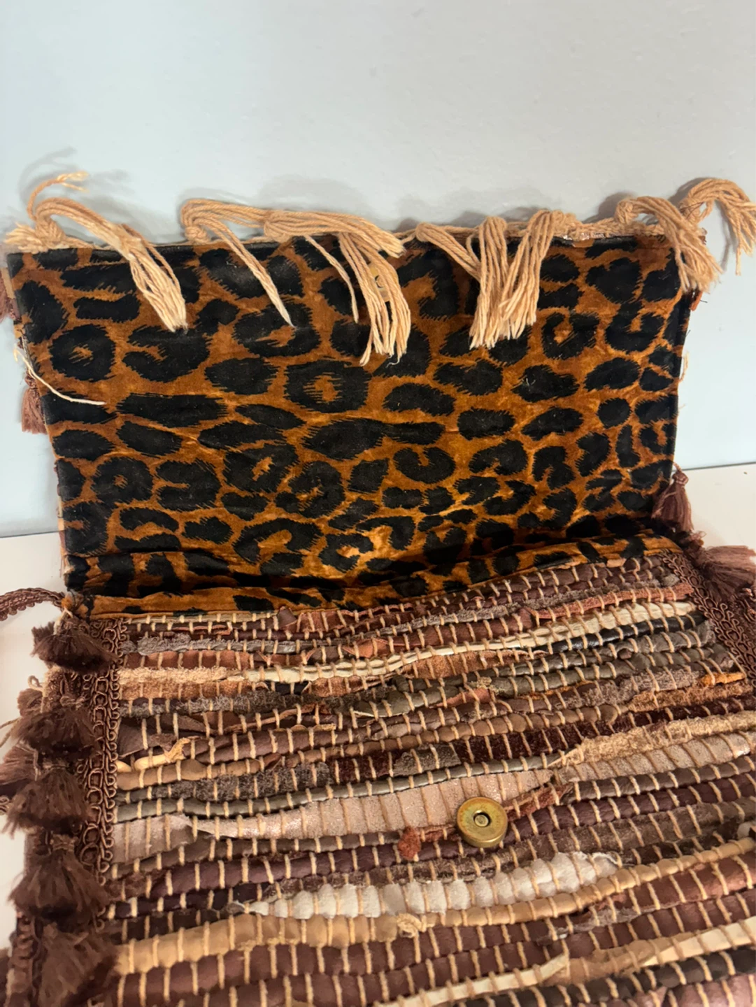 Woven Clutch Purse with Tassels and Leopard Print Lining - photo 2