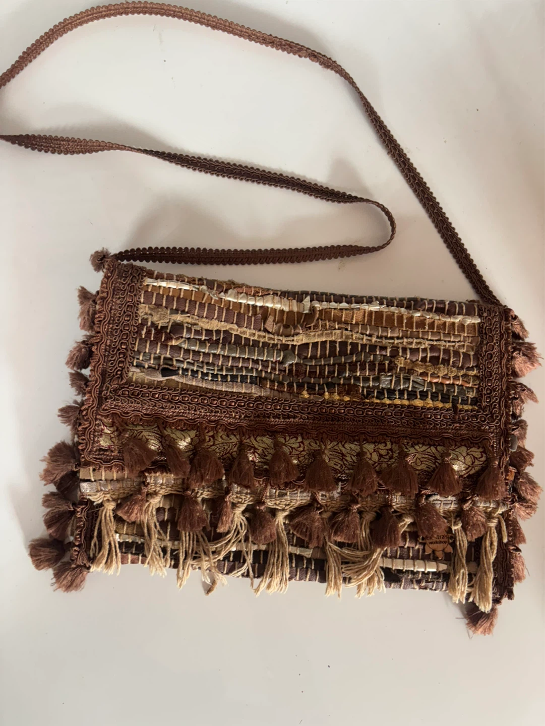 Woven Clutch Purse with Tassels and Leopard Print Lining
