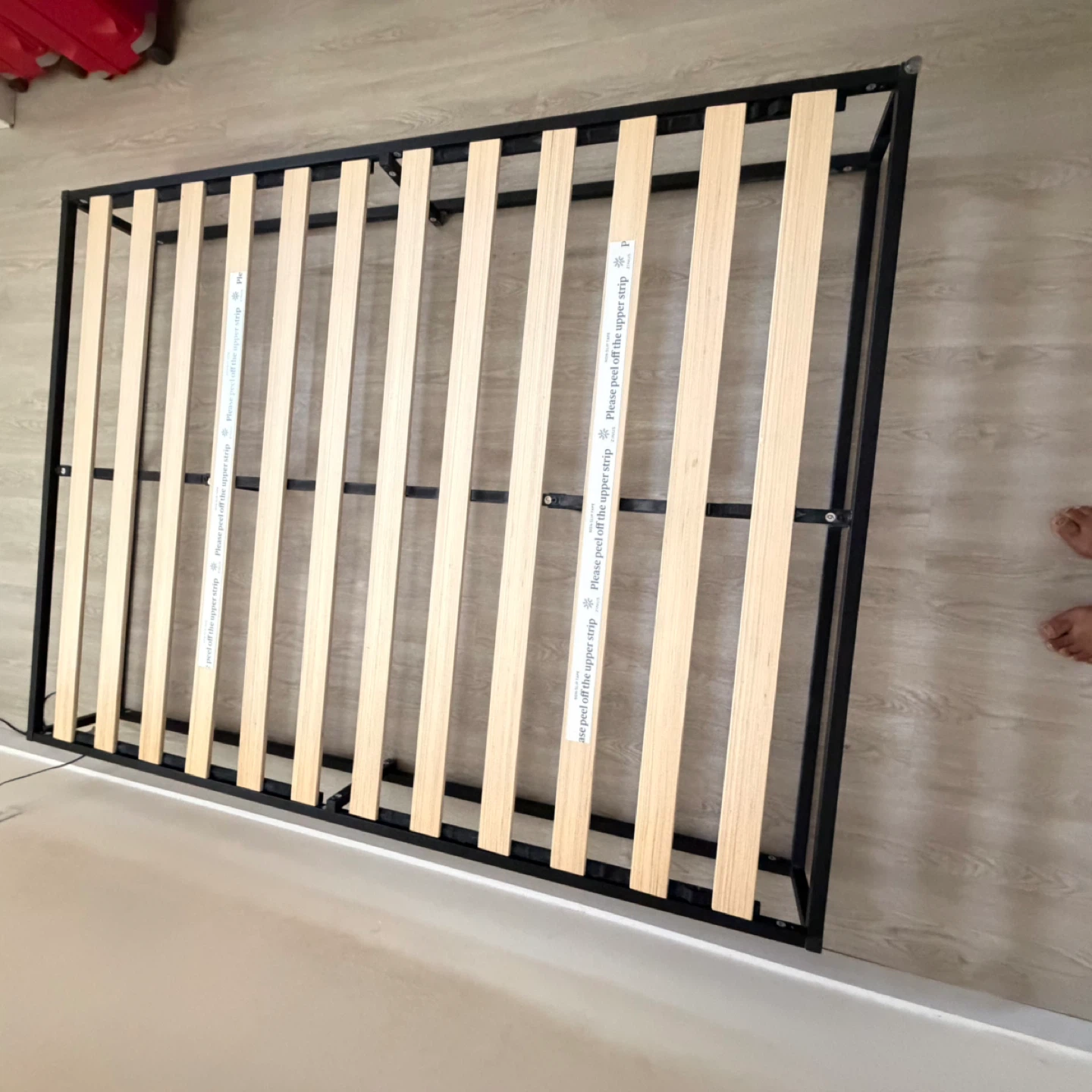 Black Metal Platform Bed Frame with Wooden Slats
