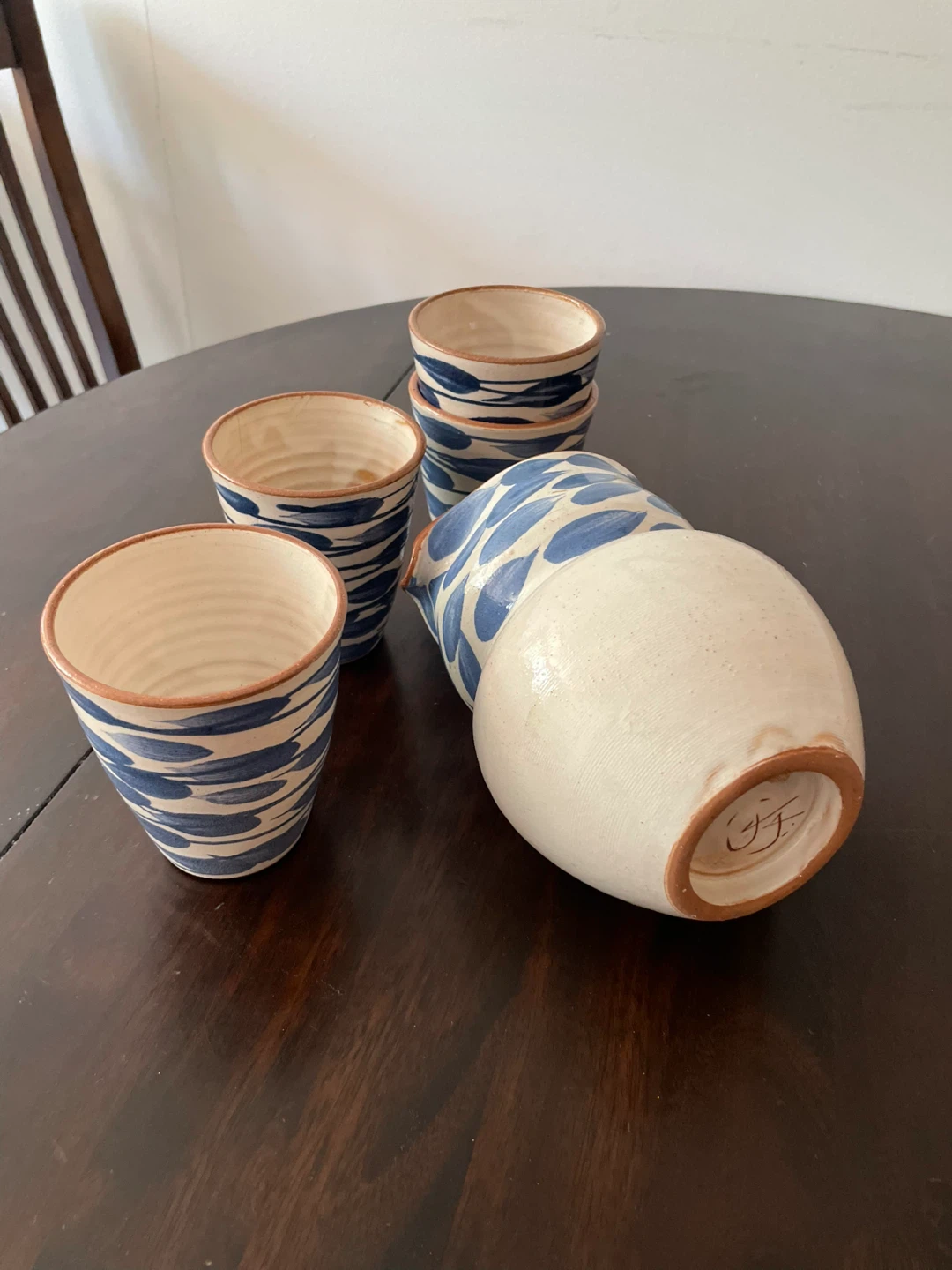Ceramic Pitcher and 4 Cups Set - Blue Leaf Pattern - photo 3