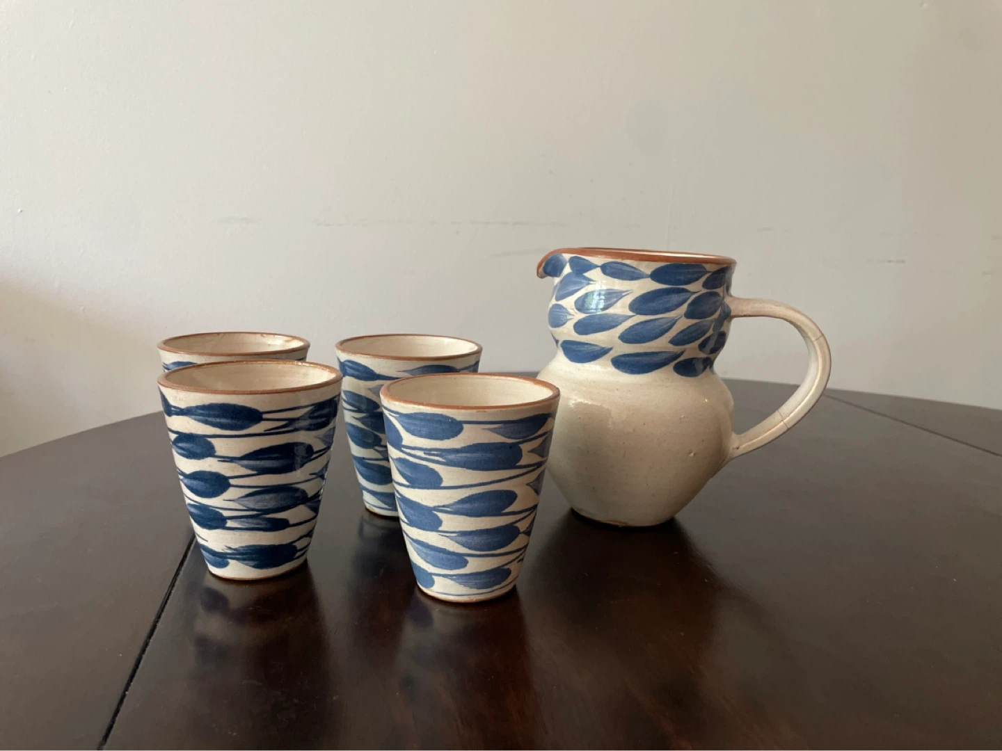 Ceramic Pitcher and 4 Cups Set - Blue Leaf Pattern