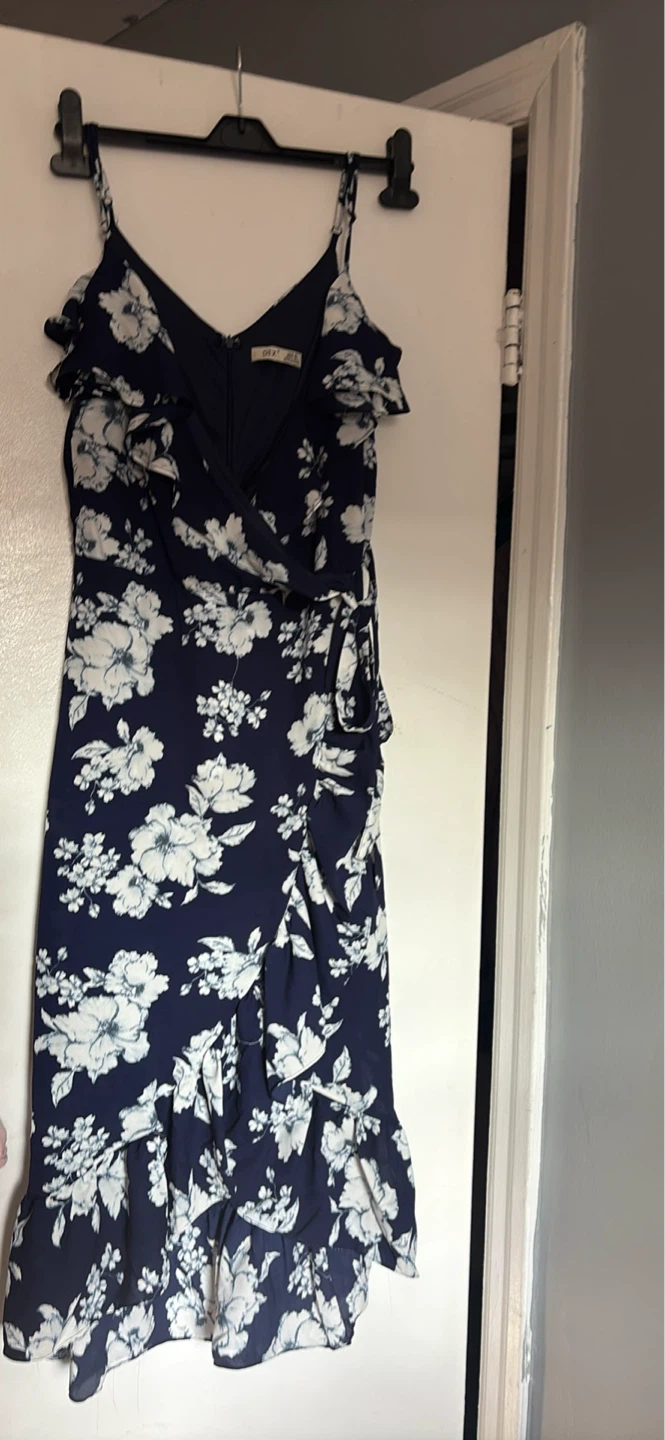 Navy Floral Wrap Dress with Ruffles