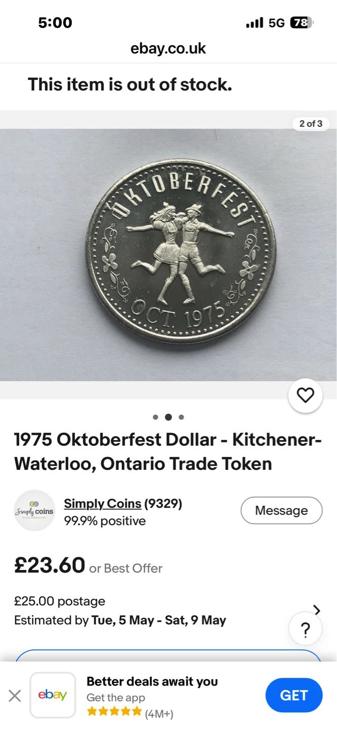 1975 Kitchener-Waterloo Oktoberfest Dollar Trade Token - photo 3