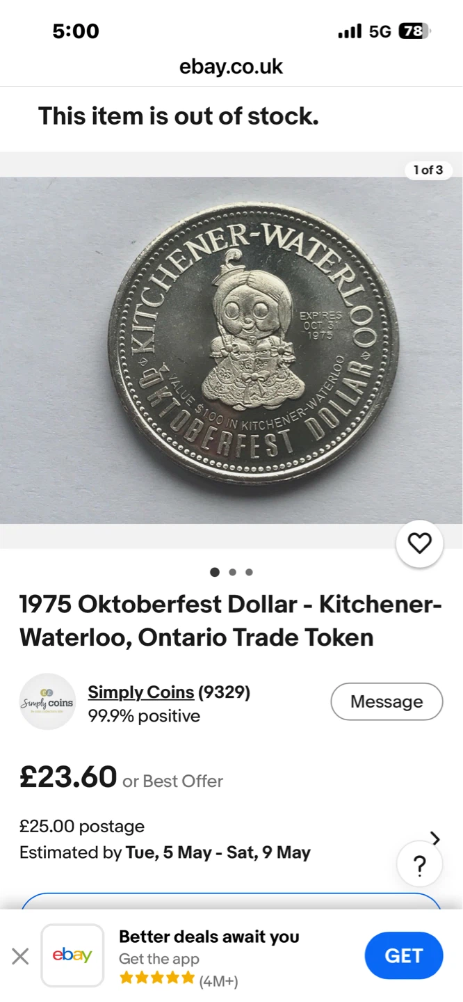 1975 Kitchener-Waterloo Oktoberfest Dollar Trade Token - photo 4