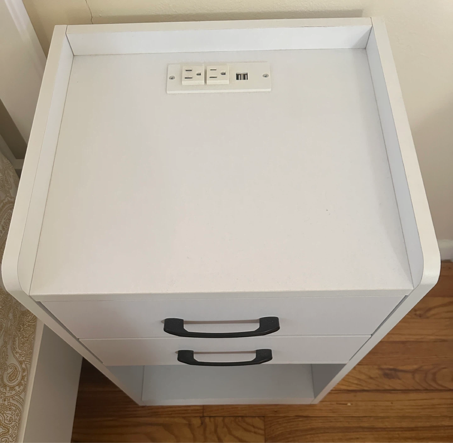 White Nightstand with 2 Drawers and Built-in Charging Station
