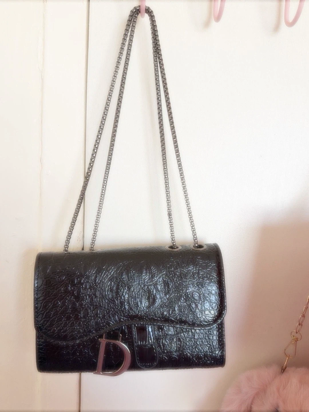 Black Croc-Embossed Shoulder Bag with "D" Logo - photo 2