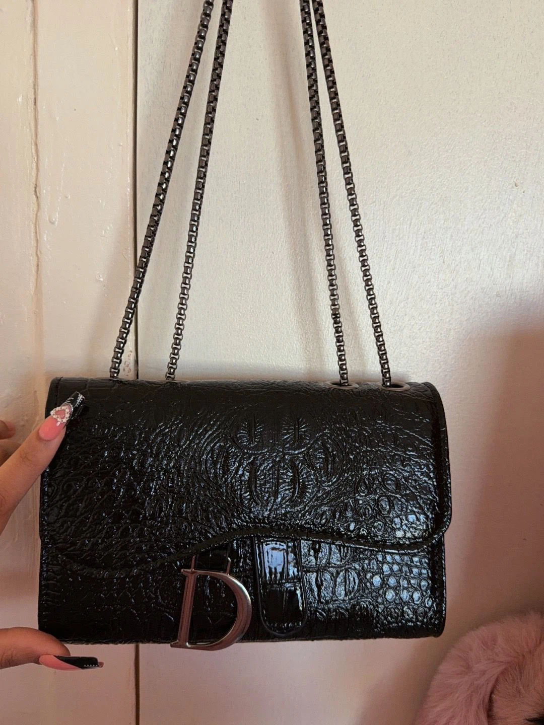 Black Croc-Embossed Shoulder Bag with "D" Logo